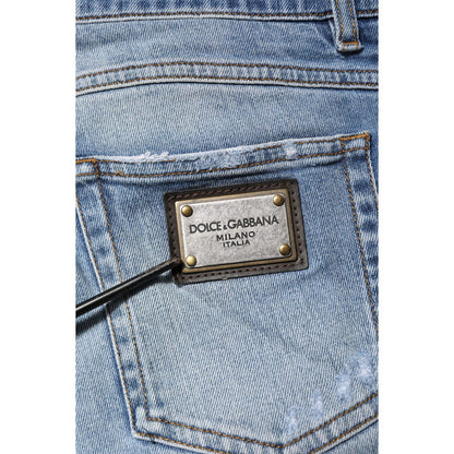 Dolce & Gabbana Blue Washed Tattered Logo Plaque Denim Jeans