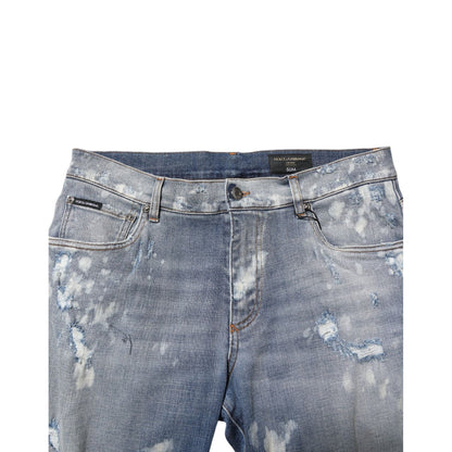 Dolce & Gabbana Blue Cotton Tattered Slim Fit Men Denim Jeans
