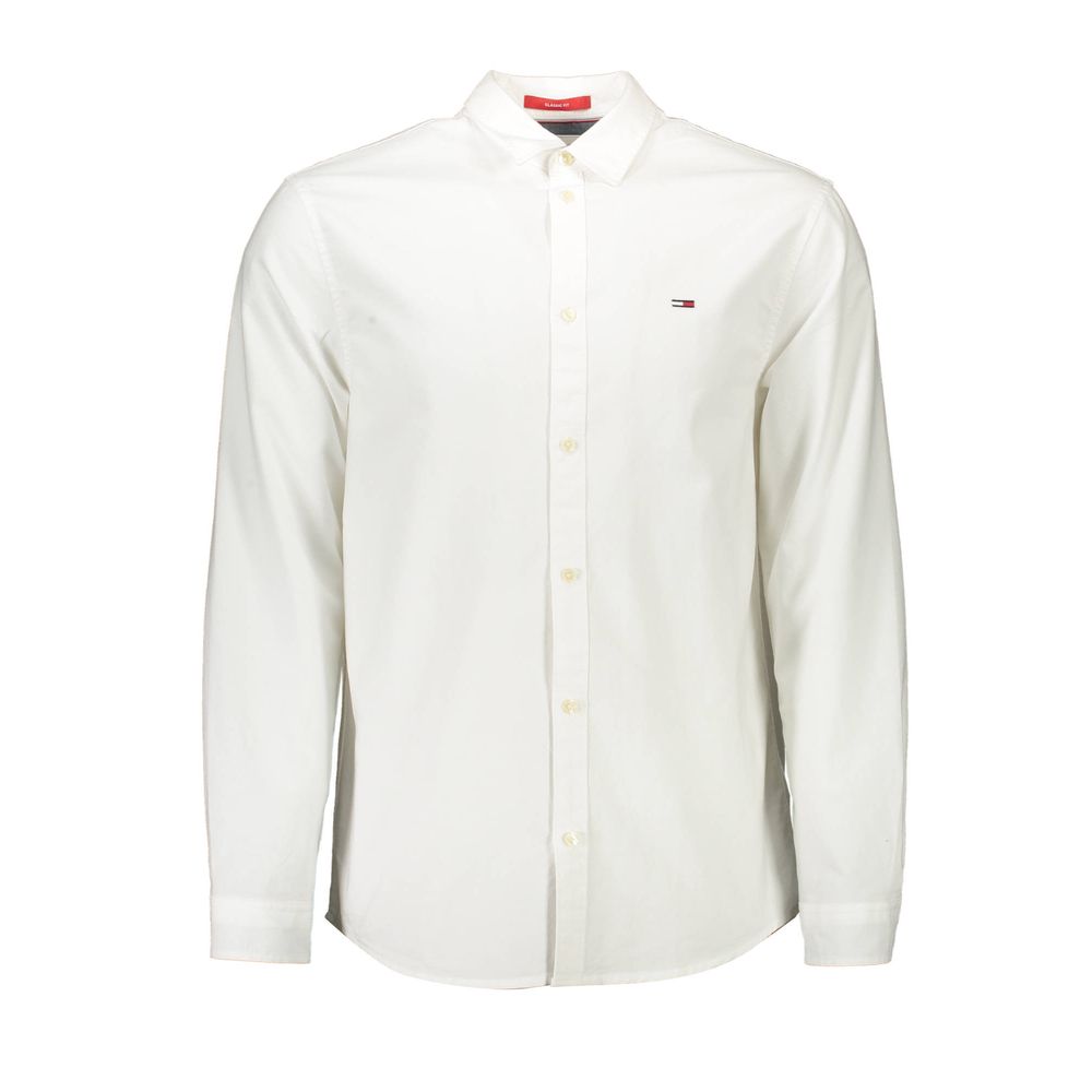 Tommy Hilfiger White Cotton Shirt with long sleeves, Italian collar, button cuffs, and embroidery. 95% transitional cotton.