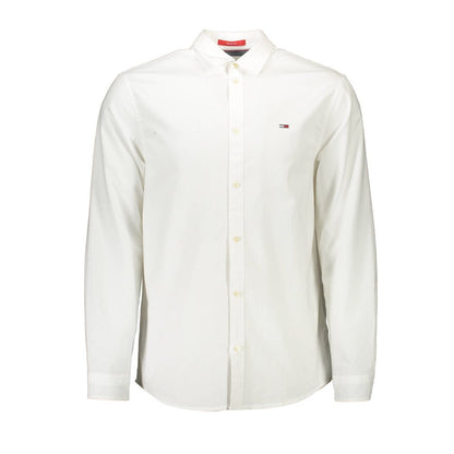 Tommy Hilfiger White Cotton Shirt with long sleeves, Italian collar, button cuffs, and embroidery. 95% transitional cotton.
