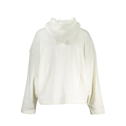 Back view of Calvin Klein White Cotton Women Sweater with hood and relaxed fit, featuring a minimalist design for casual-chic style.