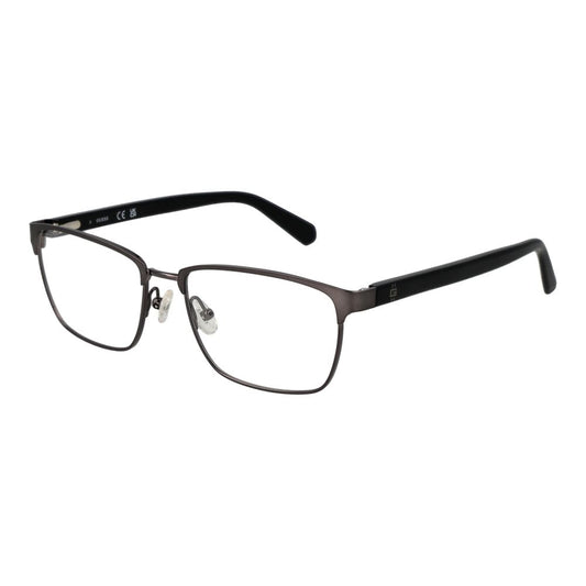 Guess Gray Men Glasses Frame in gunmetal color with full-rim metal style, rectangle shape, size 55-17-145, includes branded case.