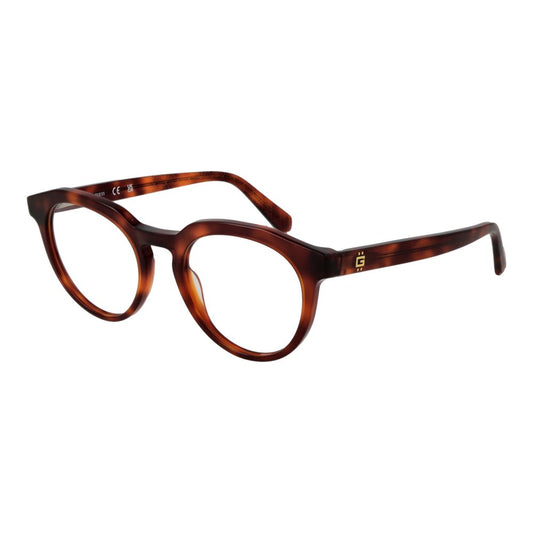 Guess Brown Men Glasses Frame, round full-rim acetate frame with demo lenses in brown, size 49-20-145, includes branded case.