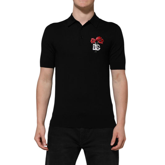 Dolce & Gabbana Black Wool DG Logo Rose Collared Polo T-shirt THS90352-48