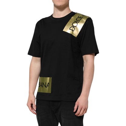 Dolce & Gabbana Black Logo Tape Cotton Men Crew Neck T-shirt