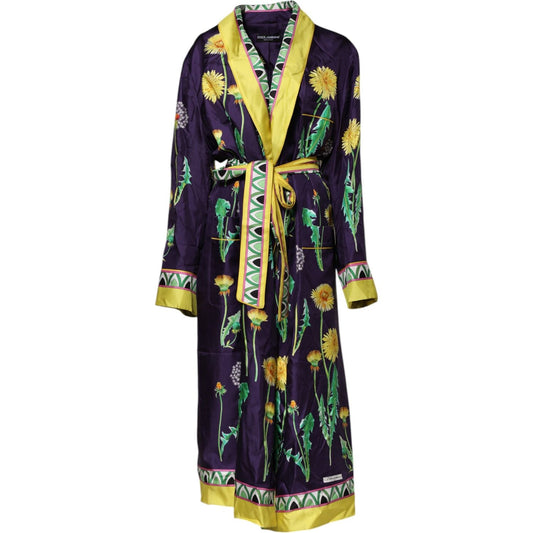 Dolce & Gabbana Blue Floral Print Silk Long Sleeves Wrap Robe JKT41483-44