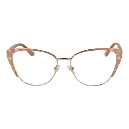 Guess Beige Women Glasses Frame, cat eye style, full-rim, metal material, demo lenses, 55-16-145 size, includes branded case.