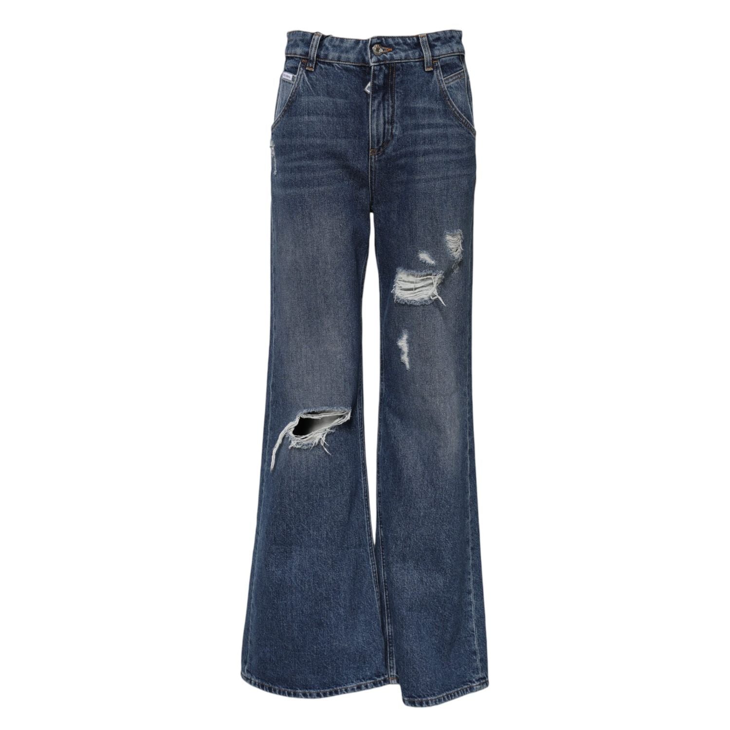 Dolce & Gabbana Blue Cotton Wide Leg Tattered Denim Jeans