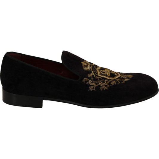Dolce & Gabbana Elegant Black Loafers with Gold Crown Embroidery Dolce & Gabbana Black