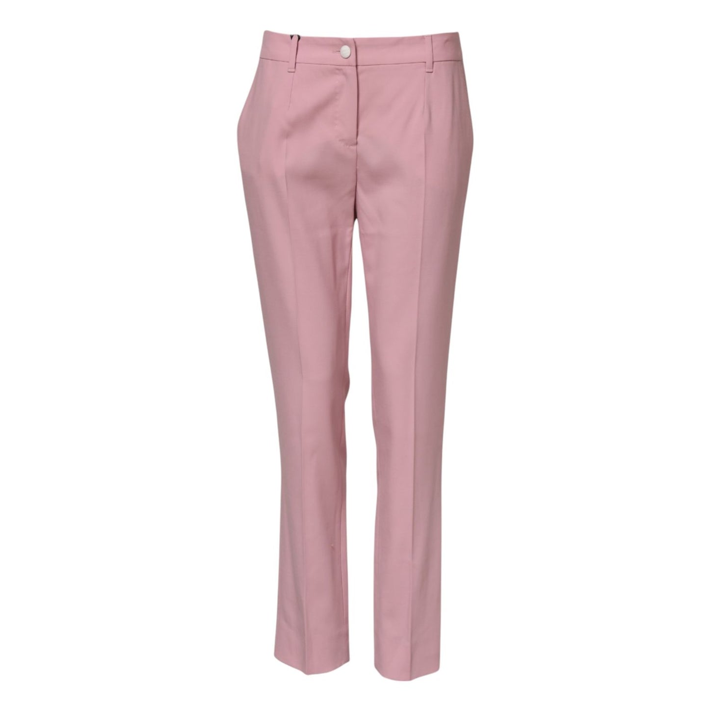 Dolce & Gabbana Pink Wool Mid Waist Tapered Pants with zipper and button closure, crafted in Italy, showcasing luxury fashion and design.