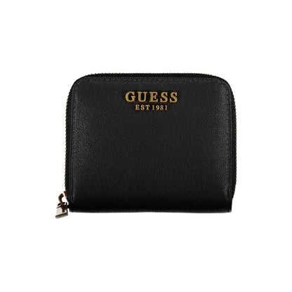 Guess Jeans Black Polyethylene Wallet with zip closure, logo, card spaces, and coin purse.