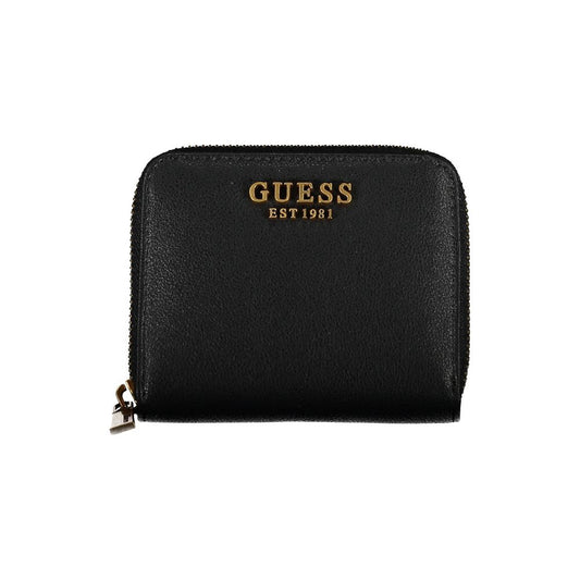 Guess Jeans Black Polyethylene Wallet with zip closure, logo, card spaces, and coin purse.