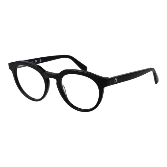 Guess Black Men Glasses Frame in black acetate with full-rim round style, featuring demo plastic lenses and spring hinges.