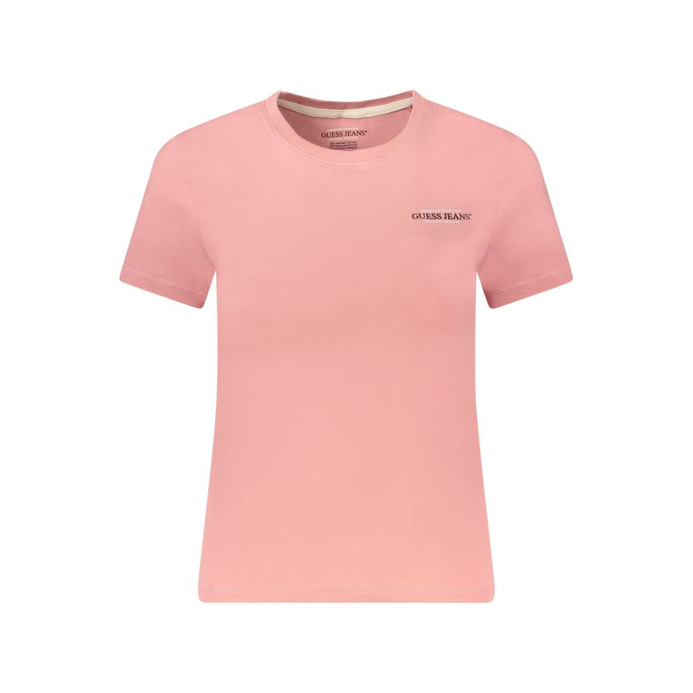 Guess Jeans Pink Cotton Women T-Shirt with logo on front, short sleeves, and slim fit.