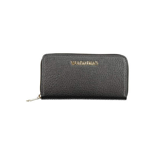 Mario Valentino Black Polyethylene Wallet with logo and zip closure, featuring six compartments, coin purse, and card spaces, recycled material.