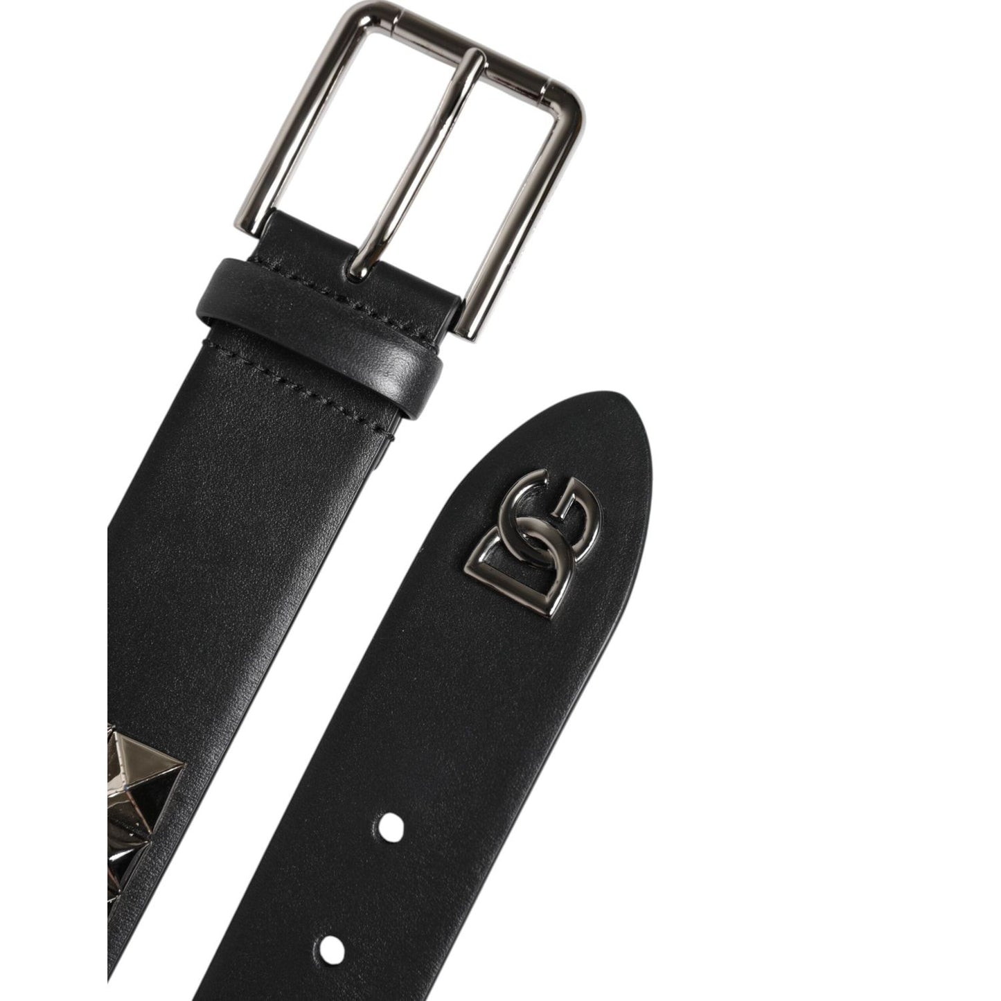 Dolce & Gabbana Black Leather Studded DG Metal Buckle Belt BEL9488-80