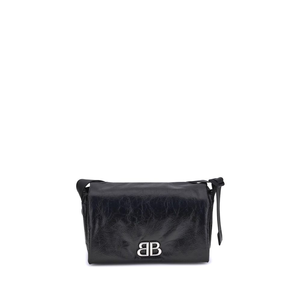 Balenciaga Black Calf Leather Bos Taurus Shoulder Bag with silver logo, front view.