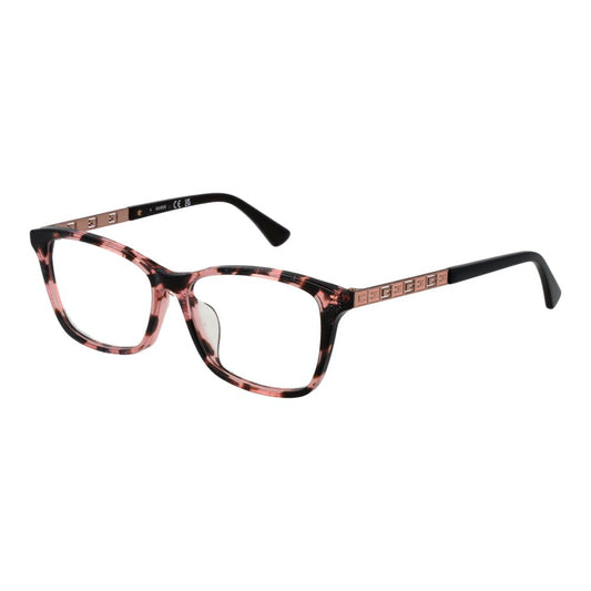 Guess Pink Women Glasses Frame in rose color with full-rim rectangular style and plastic material.