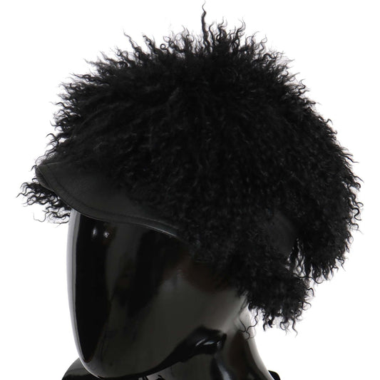 Dolce & Gabbana Chic Black Gatsby Cap in Tibet Lamb Fur Hat Dolce & Gabbana Black