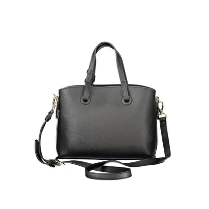 Mario Valentino Black Polyethylene Women Handbag with adjustable strap, showcasing sleek designer style and versatile carrying options.