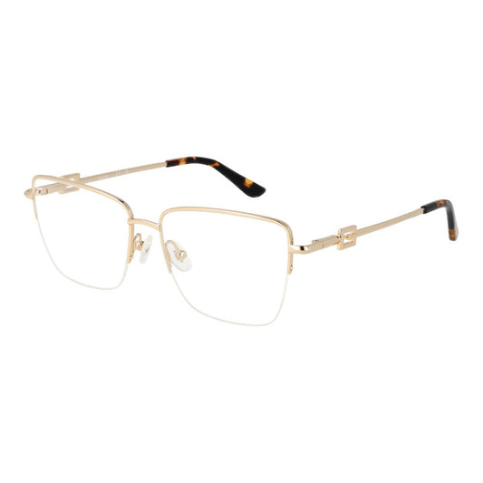 Guess Gold Women Glasses Frame in metal trapezium style with half-rim design, demo lenses, 55mm width, includes branded case.