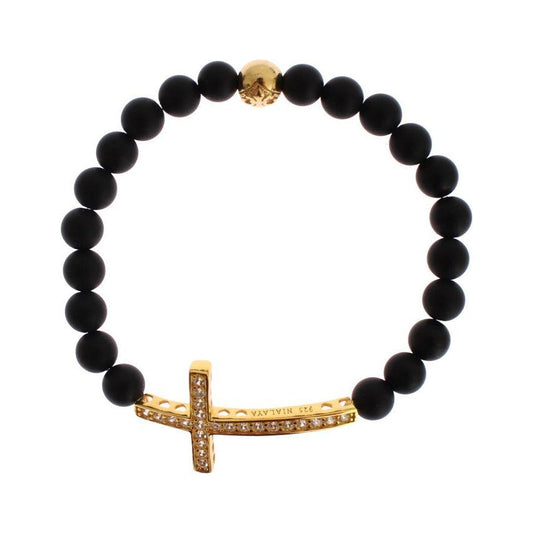 Nialaya Chic Matte Onyx Bead & CZ Diamond Cross Bracelet Bracelet Nialaya Wheat