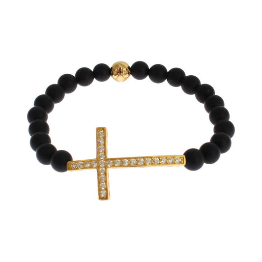 Nialaya Chic Matte Onyx Bead & CZ Diamond Cross Bracelet Bracelet Nialaya Dark Slate Gray