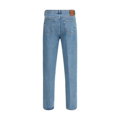 Back view of Valentino Blue Cotton Straight-Leg Jeans with leather patch detail, featuring a classic five-pocket design and belt loops.