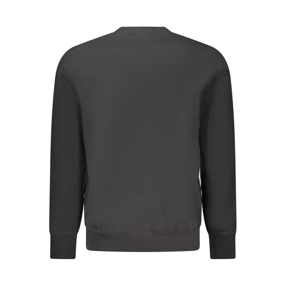 Back view of Calvin Klein Black Cotton Men Sweater with crew neck and long sleeves, showcasing sleek design and logo, made from sustainable materials.