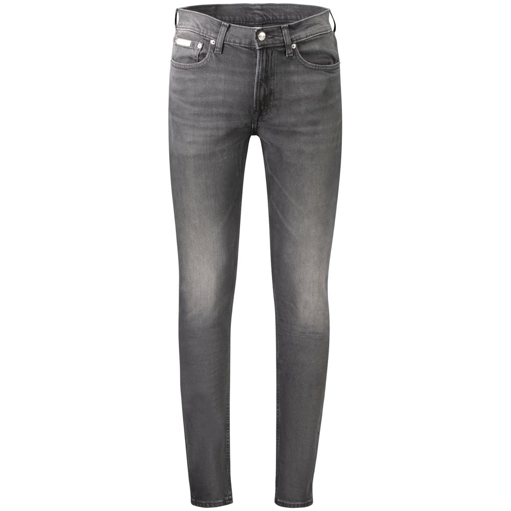 Calvin Klein Black Cotton Men's Slim Taper Jeans with washed effect and iconic logo detailing, showcasing timeless casual elegance.