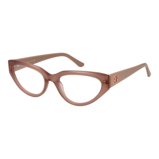 Guess Pink Women Glasses Frame cat eye rose acetate full-rim with demo glasses, spring hinge, size 53-18-145, includes branded case.