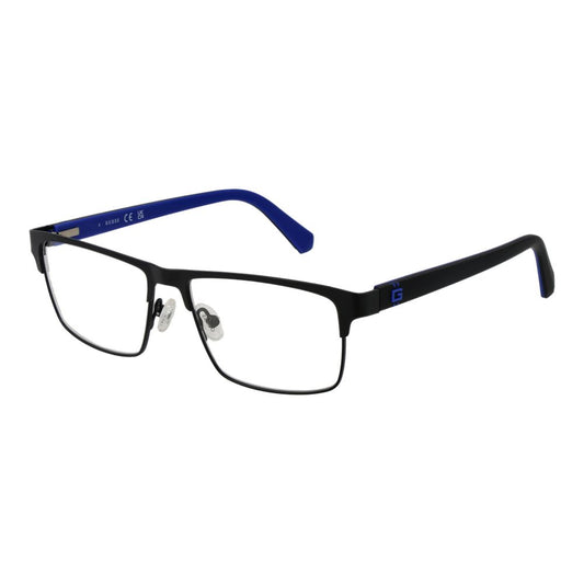 Guess Black Men Glasses Frame with full-rim metal construction, 53mm lenses, and spring hinge, includes branded case.