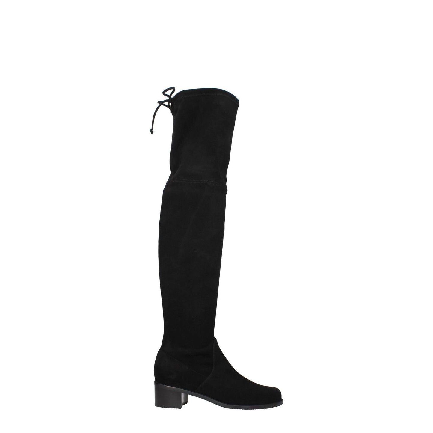 Stuart Weitzman Black Leather Over The Knee boots with mid heel, round toe, and rubber sole, featuring vintage suede design.