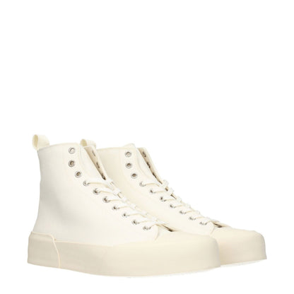 Jil Sander Beige Fabric High Tops with lace-up closure, rubber soles, and 3.5 cm mid heels in ivory-beige. Sporty Glam sneakers MPN J32WS0035P5242102