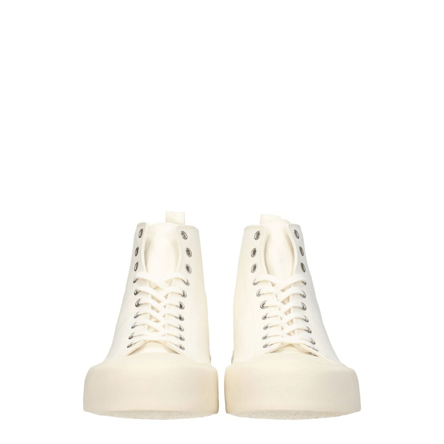 Jil Sander Beige Fabric High Tops sneakers with lace-up closure, rubber sole, and mid heels, featuring back logo detail.