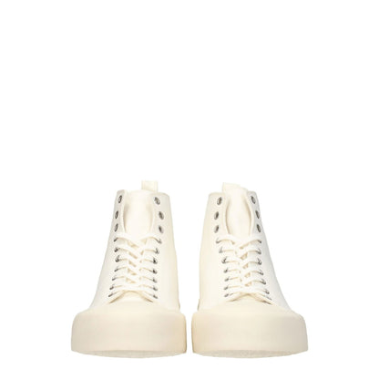 Jil Sander Beige Fabric High Tops sneakers with lace-up closure, rubber sole, and mid heels, featuring back logo detail.