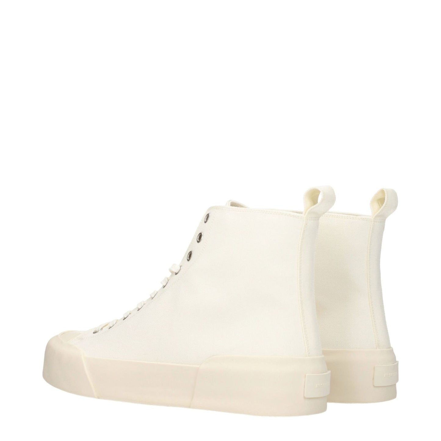 Jil Sander Beige Fabric High Tops with lace-up closure and rubber sole, featuring a sporty glam style and round toe design.