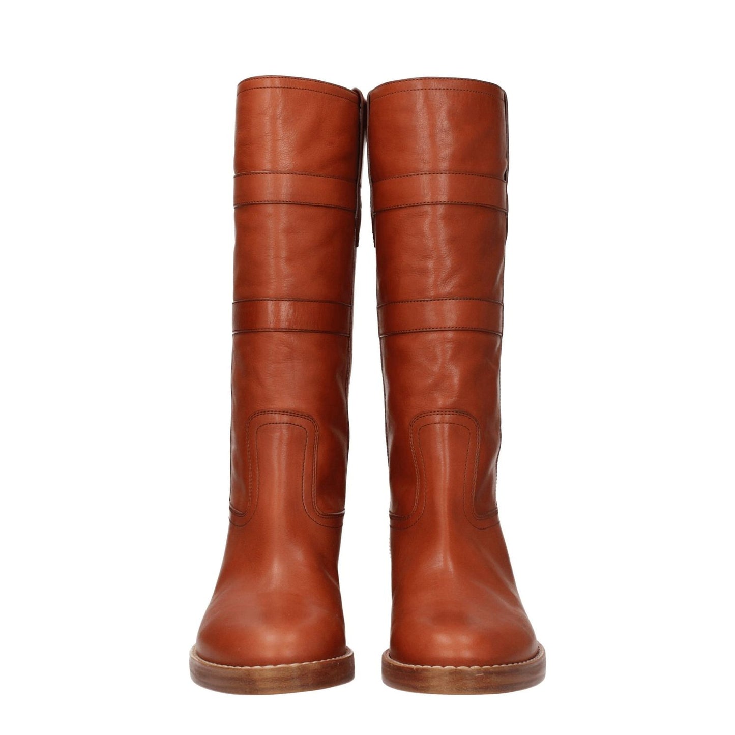 Celine Brown Leather Boots with vintage effect and mid heels. These casual boots feature a side logo and cognac color accents.