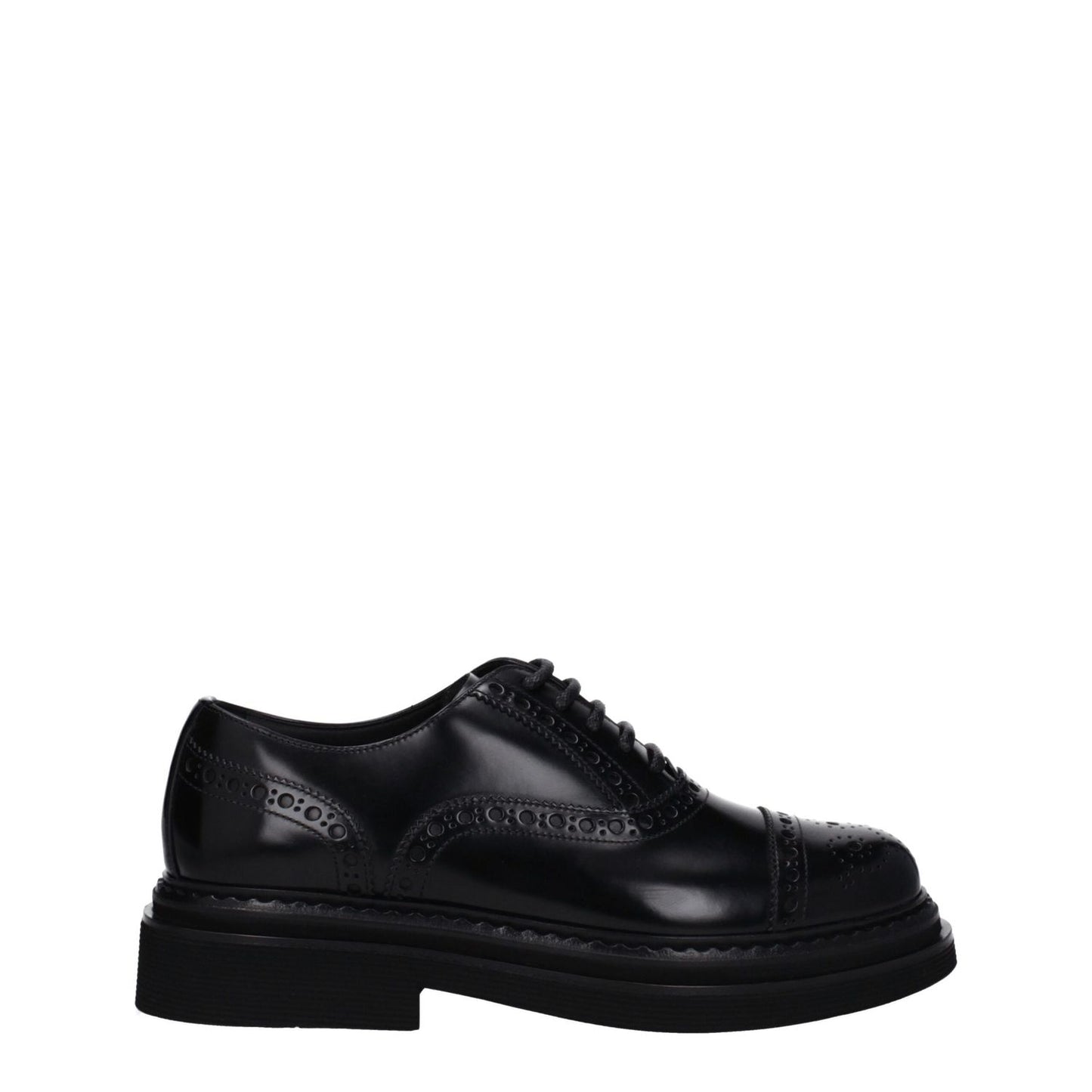 Dolce & Gabbana Black Leather Oxfords And Derbies with lace up closure and mid heels, featuring vintage effect and round toe design.