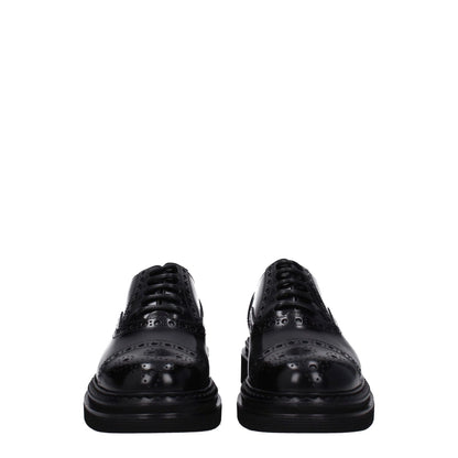 Dolce & Gabbana Black Leather Oxfords And Derbies, vintage effect, lace up with round toe, mid heel shoes.