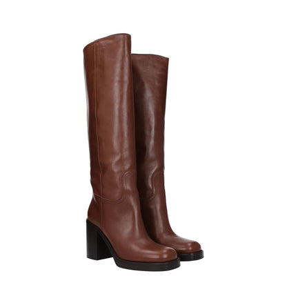 Prada Brown Leather Boots with high heel, casual style, featuring a 9 cm heel height and round toe. MPN 1W281N070090F0046.