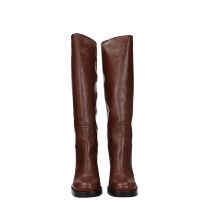 Front view of Prada Brown Leather Boots with high heel and round toe, made from genuine leather, style number 1W281N070090F0046.