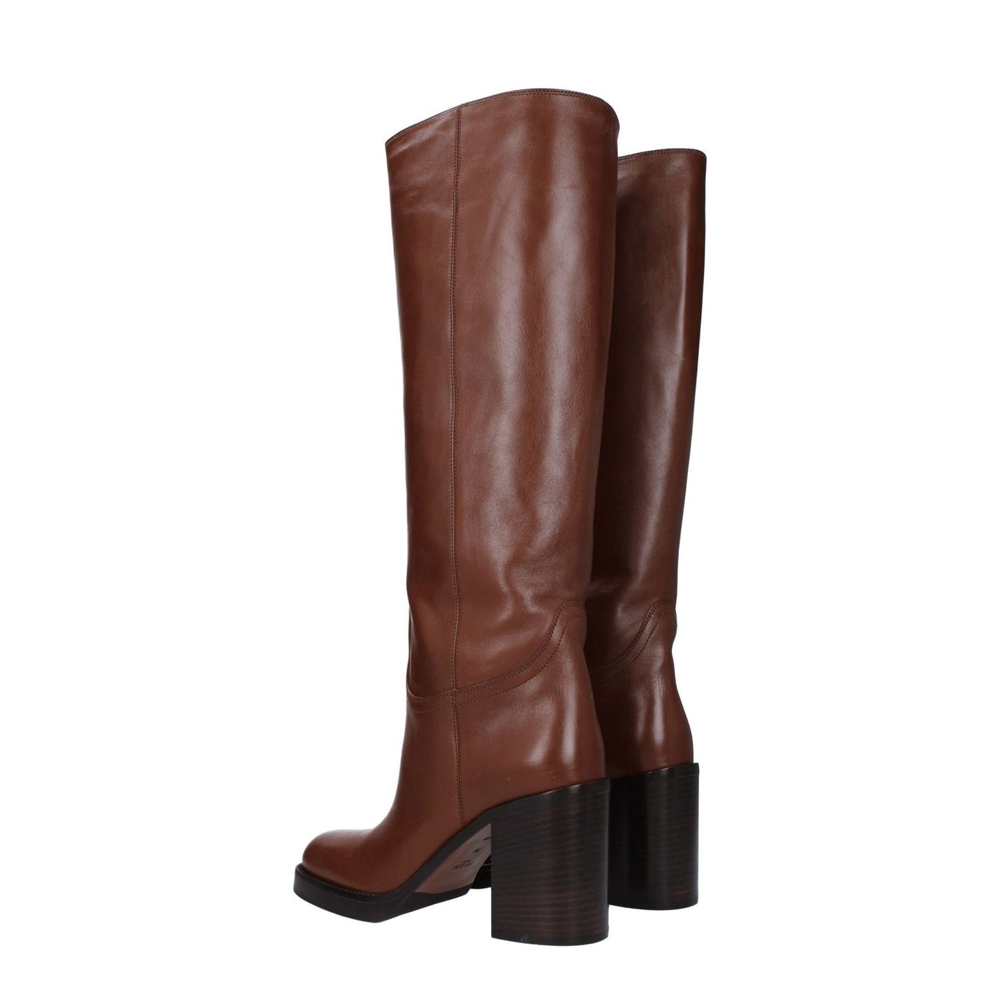 Prada Brown Leather Boots with high heels, round toe, and cognac accents, made of leather, casual style; MPN 1W281N070090F0046