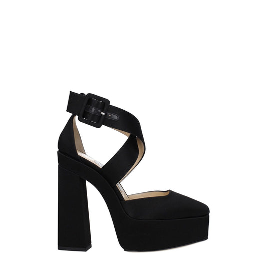 Jimmy Choo Black Satin Platform Sandals with high heel and buckle closure, featuring a 14 cm heel and 4 cm platform.