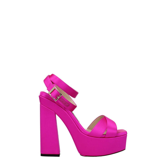 Jimmy Choo Pink Satin Platform Sandals with high heel, open toe, and buckle closure in fuchsia satin featuring gold details.