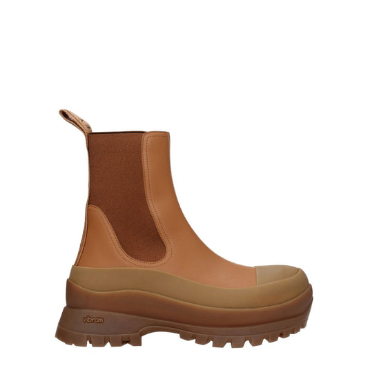 Stella McCartney Brown Leather Ankle Boots with eco leather, back logo, mid heels, rubber sole, casual style, round toe.