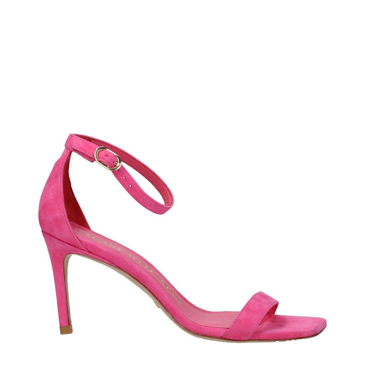 "Stuart Weitzman Pink Leather Stiletto Heel Sandals with buckle closure and open toe design"