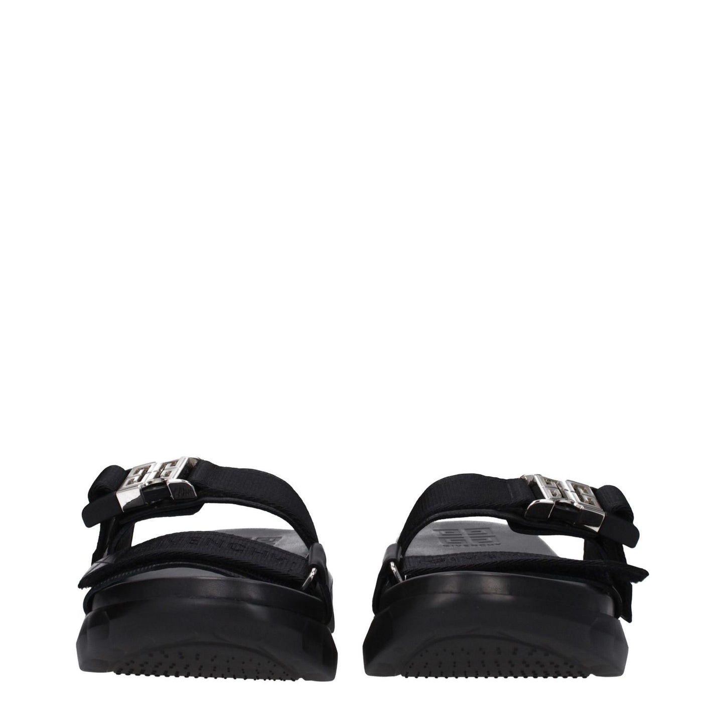Givenchy Black Fabric Slippers with open toe and mid heels, featuring front logo, silver clip closure, and rubber sole.