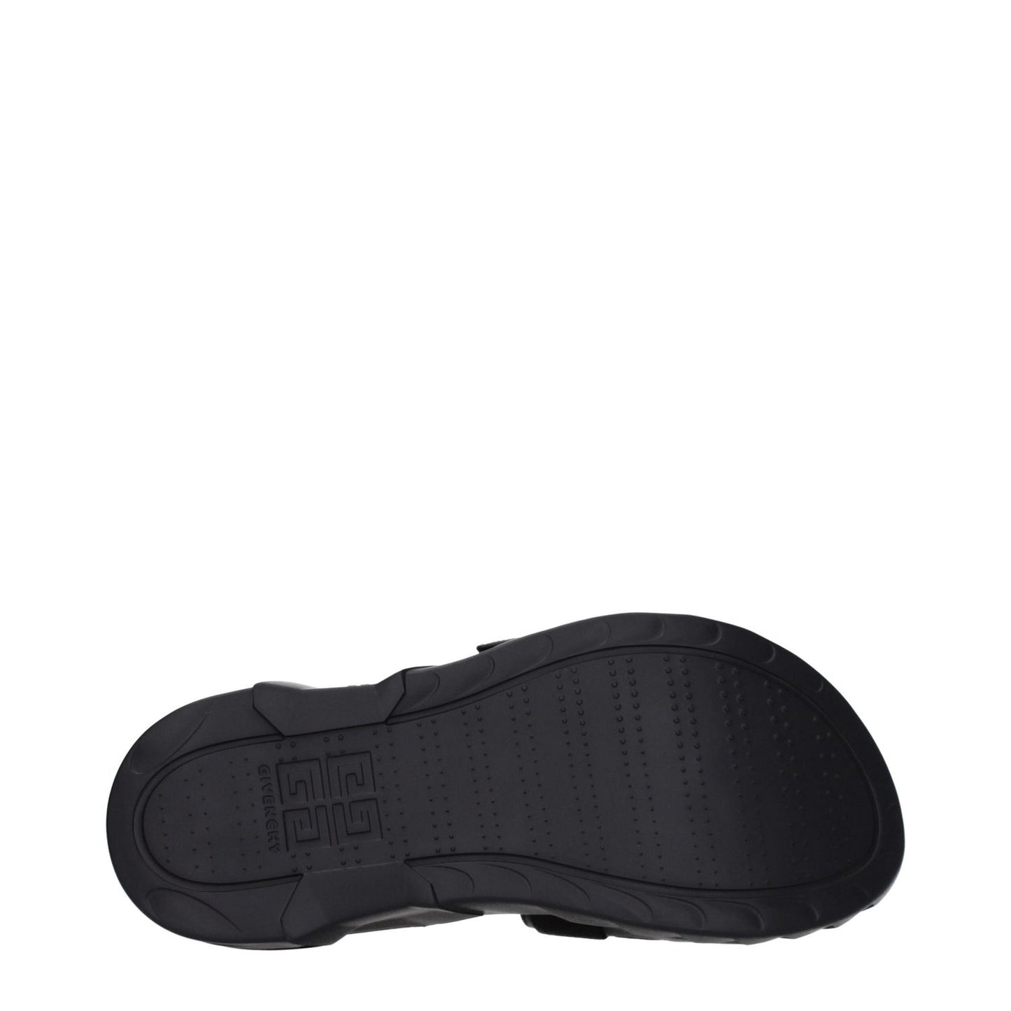 Sole view of Givenchy Black Fabric Slippers with logo, open toe, mid heels, and rubber sole