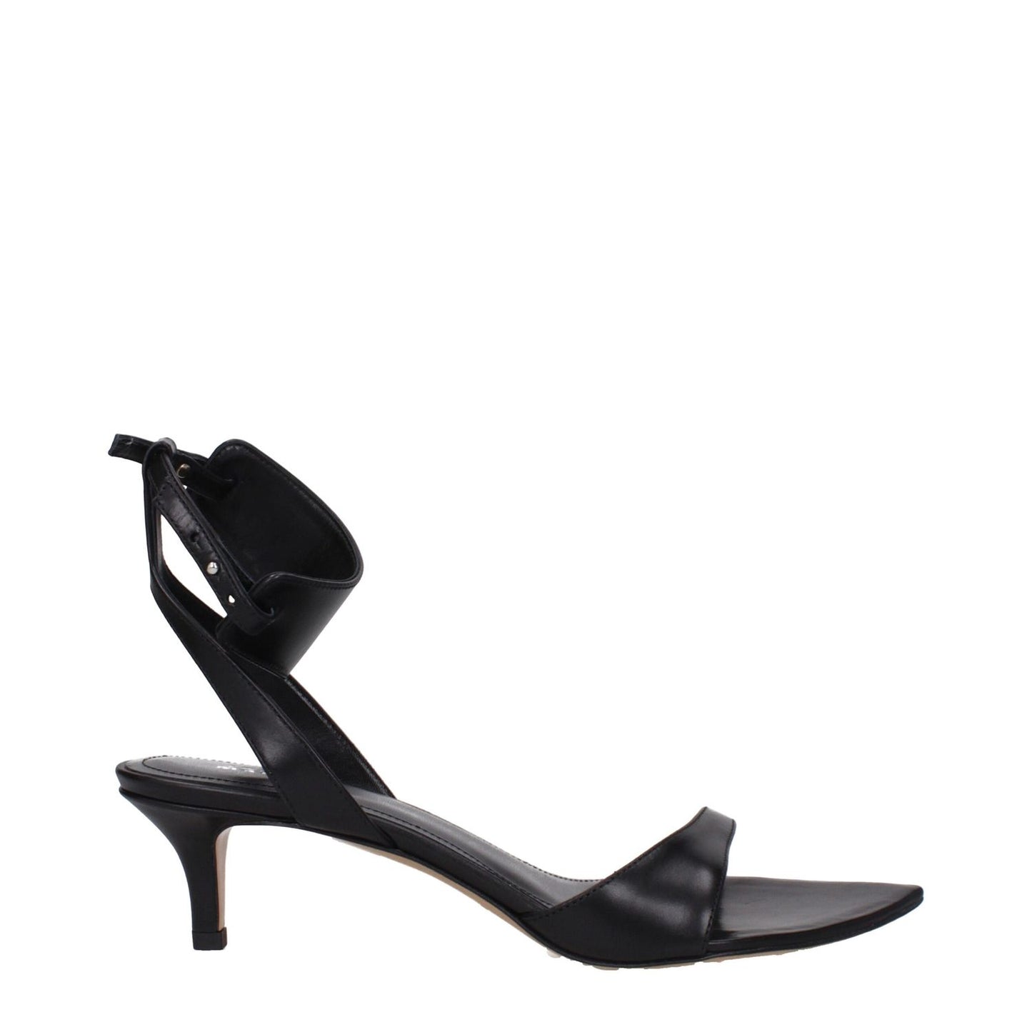 Isabel Marant Black Leather Flat Sandals with buckle closure and mid heels, featuring an open toe design, side view.